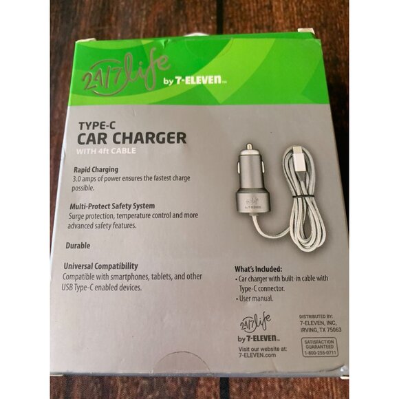 Type-C Car Charger With 4 Ft Cable 24/7 Life By 7-Eleven Rapid Charge Durable De - Picture 2 of 2